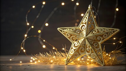 A beautiful golden ornate star decoration illuminated by soft warm fairy lights creating a magical festive holiday atmosphere