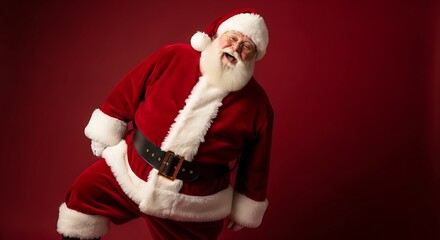 Jolly Santa Claus in a traditional red suit laughing heartily against a festive red studio background.