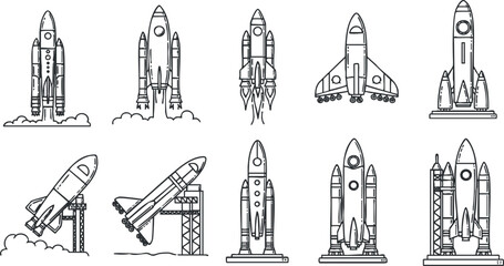 Fototapeta premium Outline vector illustration set of rockets in various designs and launch positions for technology and space exploration themes