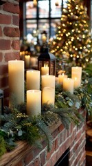 Cozy Christmas fireplace mantel decorated with glowing candles pine branches and festive tree