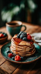 Breakfast scene with stack of pancakes topped with fresh berries and dripping maple syrup