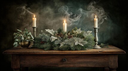 Classic Christmas still life with festive centerpiece and burning candles on rustic wooden table