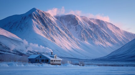 Lonely house in snowy mountain valley with beautiful pink sunrise light on the peaks in Norway