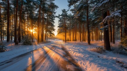 Beautiful golden sunrise with long shadows on snowy road through tranquil pine forest