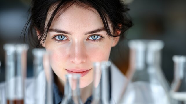 Focused female scientist with intense blue eyes working on research in laboratory - Powered by Adobe