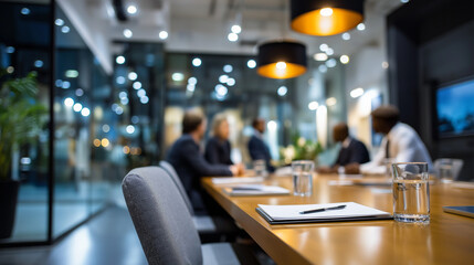 Defocused business-attired workers with focused sleek meeting room design and warm professional lighting clearly visible, with copy space