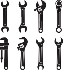 Black and White Silhouette Illustration of Wrench Types Open-End Adjustable Combination Socket Torque Pipe Ratcheting Allen Spanner