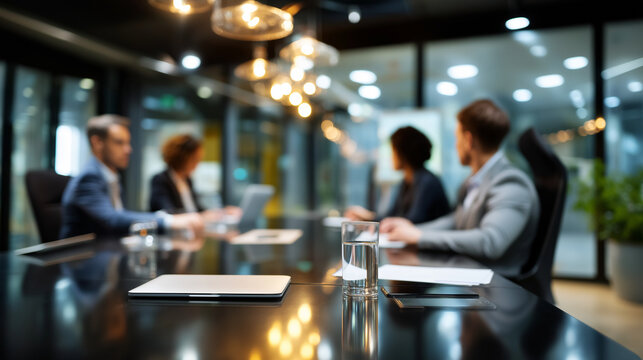 Defocused business-attired workers with focused sleek meeting room design and warm professional lighting clearly visible, with copy space