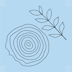 Minimal Line Art of a Tree Ring and Leaf Branch