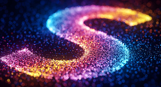 Neon Particle Flow Letter S: 3D Render of a Glowing Capital S Formed by Vibrant Digital Dust and Bokeh Lights on a Dark Background