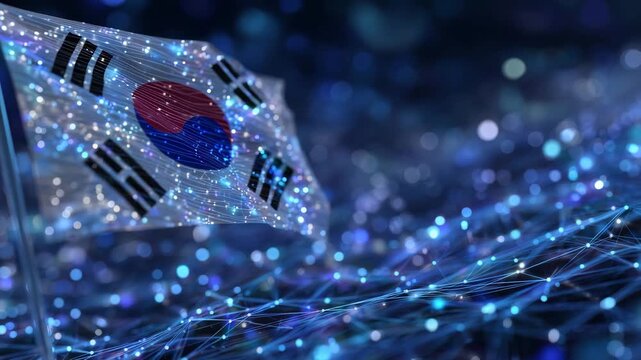467South Korean flag with holographic light effects, neon outlines, high-tech digital network in background, modern wallpaper composition
