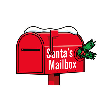 The traditional American Santa's mailbox icon is red with a pole. The mailbox is decorated with a layer of snow on top, evergreen branches, and red holly berries.