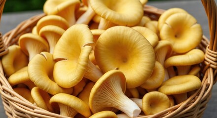 Basket brimming with fresh, golden-yellow mushrooms, ready to harvest