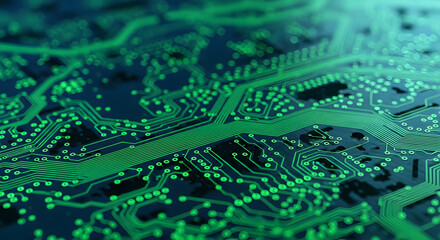 Abstract close up of a glowing green circuit board with intricate pathways and illuminated components representing technology and digital innovation