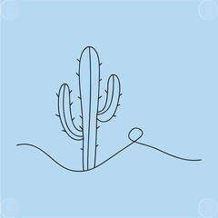 Minimalist Cactus Lineart Drawing on a Blue Background