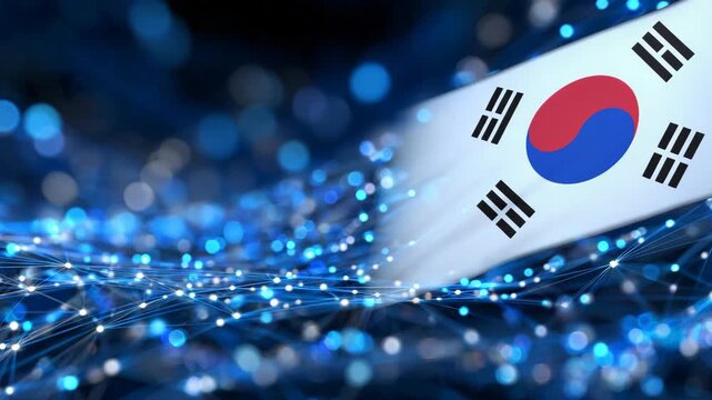 470South Korean flag with holographic light effects, neon outlines, high-tech digital network in background, modern wallpaper composition