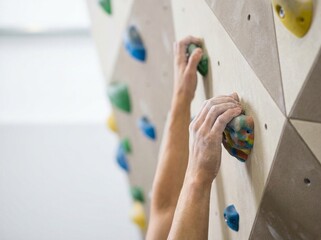 Close-up of strong, chalk-dusted hands gripping vibrant green and multicolored textured holds on an indoor rock climbing wall, selective focus