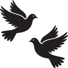 Black Silhouette Illustration of Decorative Doves Flying Birds Bold Elegant Shapes