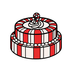 A two-tiered, festive cake with red and white vertical stripes, reminiscent of a Christmas candy cane pattern. The cake is decorated with layers of beads and icing, topped with candy canes.