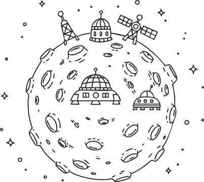 Geometric black and white vector illustration of a moon with space stations and satellites for space exploration themes - Powered by Adobe
