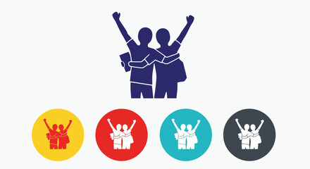 Group of friends celebrating with arms raised