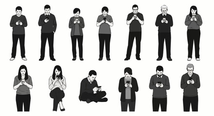 Diverse group of people engrossed in their smartphones, showcasing modern digital engagement.