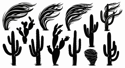 Silhouetted Desert Landscape - Cacti and Dust Devils in Black and White.