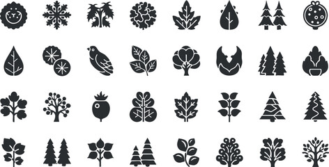 Collection of minimalist black and white vector illustrations featuring various trees, leaves, and nature-themed icons for design projects.