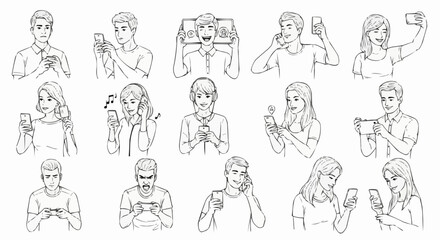 Collection of Hand-Drawn Sketches Depicting People Interacting with Mobile Phones in Various Everyday Situations.
