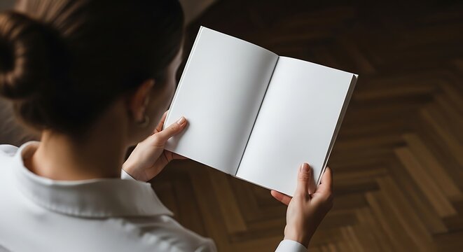 Overhead shot of a person holding an open blank book or magazine with empty pages, ready for text or images, indoors