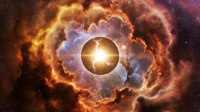 Cosmic explosion nebula starbirth explosion energy celestial event glowing orb vibrant colors deep space