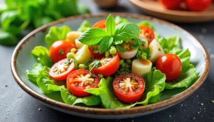 A vibrant and healthy vegetarian salad brimming with colorful vegetables, fresh herbs, and a light vinaigrette dressing Perfect for a light lunch or side dish , lemon, carrots, vinaigrette
