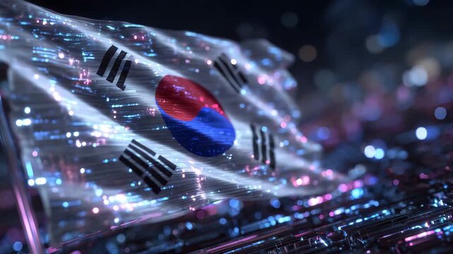 4763D South Korean flag with metallic finish, futuristic neon lights on Taeguk and trigrams, abstract cyber background