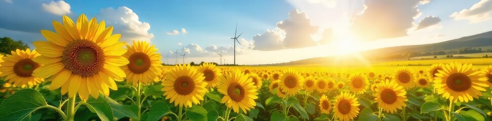 A vibrant field of sunflowers basking in sunlight, representing the potential of solar power as a clean and sustainable energy source for a brighter future , photovoltaic, bright