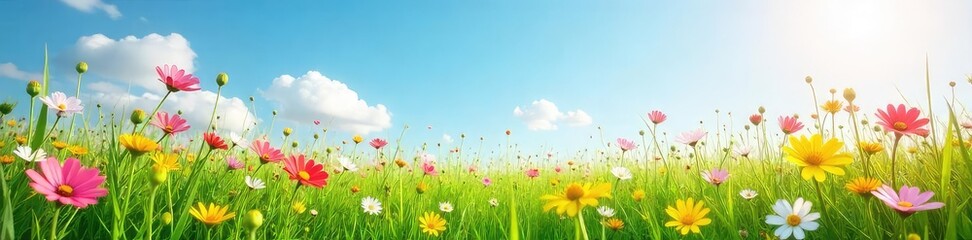 Obraz premium A vibrant meadow bursting with wildflowers under a bright spring sky, gentle breeze rustling through the tall grass Perfect for themes of freedom, joy, and renewal , blooming, serene, beauty