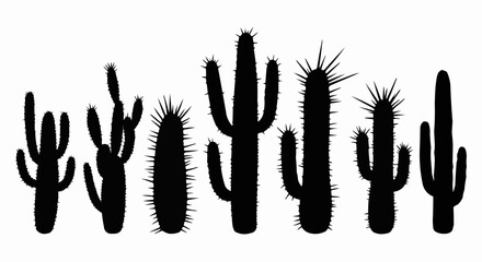 Collection of various cactus plant silhouettes in black and white.