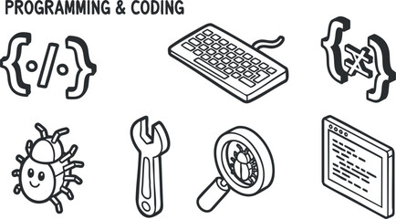 Minimalist outline vector illustration of programming and coding elements including a keyboard, bug, wrench, and code symbols for tech projects