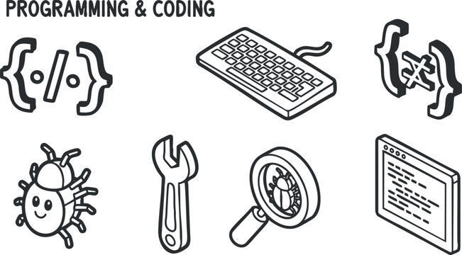 Minimalist outline vector illustration of programming and coding elements including a keyboard, bug, wrench, and code symbols for tech projects