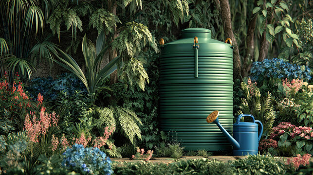 A verdant garden scene showcasing a rainwater tank and a watering can. Surrounded by a variety of plants and shrubs. It presents an aesthetic and eco-friendly composition