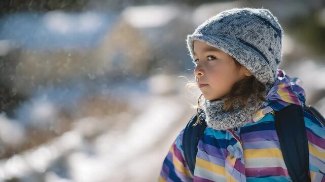 A young schoolchild in a colorful winter coat and scarf walks along a snow-covered sidewalk, bright sunlight reflecting off sparkling snow, carrying a backpack