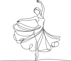 Minimalist Continuous Line Art Female Dancer Twirling with Flowing Fabric
