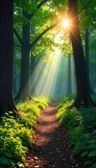 Naklejka premium Sun-dappled forest path winding through ancient trees, sunlight filtering through leaves, creating a magical atmosphere Perfect for nature, travel, and environmental themes , environment, trees