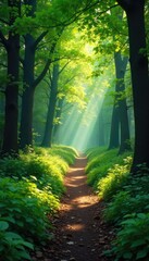 Obraz premium Sun-dappled forest path winding through lush greenery, dappled sunlight filtering through leaves, creating a magical atmosphere Perfect for fantasy, nature, and adventure themes , vegetation, trunk