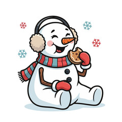 Cartoon Snowman Enjoying a Cookie with Earmuffs and Scarf.