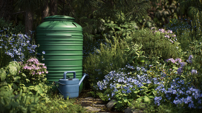 A tranquil garden scene with a water barrel and watering can, surrounded by vibrant flowers and foliage.