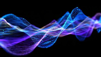 Abstract frequency waveform with gradient hues from blue to violet, dynamic flowing lines, soft neon glow reflecting on digital grid background - Powered by Adobe
