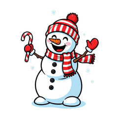 Cheerful Snowman with Candy Cane A Festive Winter Illustration.