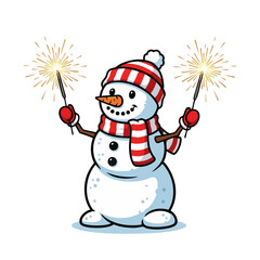 Festive Snowman Celebrates with Sparklers Wearing Striped Hat and Scarf.