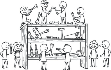Playful hand-drawn vector illustration of characters collaborating in a workshop with various tools on a shelf, ideal for DIY or handyman themes