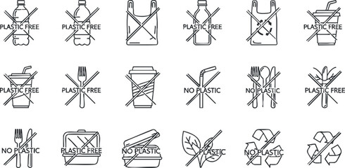 Minimalist outline vector icon set promoting plastic-free and eco-friendly practices for food and beverage packaging and consumption